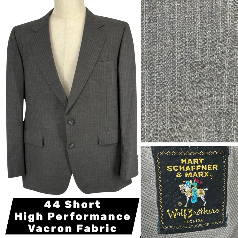 Vintage Hart Schaffner Marx Viracle Blazer Mens Grey Pinstripe 44S Sport Coat